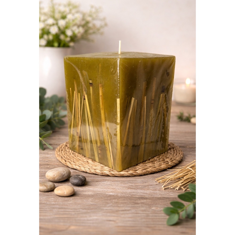 Crate & Barrel Bamboo Pillar Candle Green 5"‎ Square Decorative Discontinued NOS